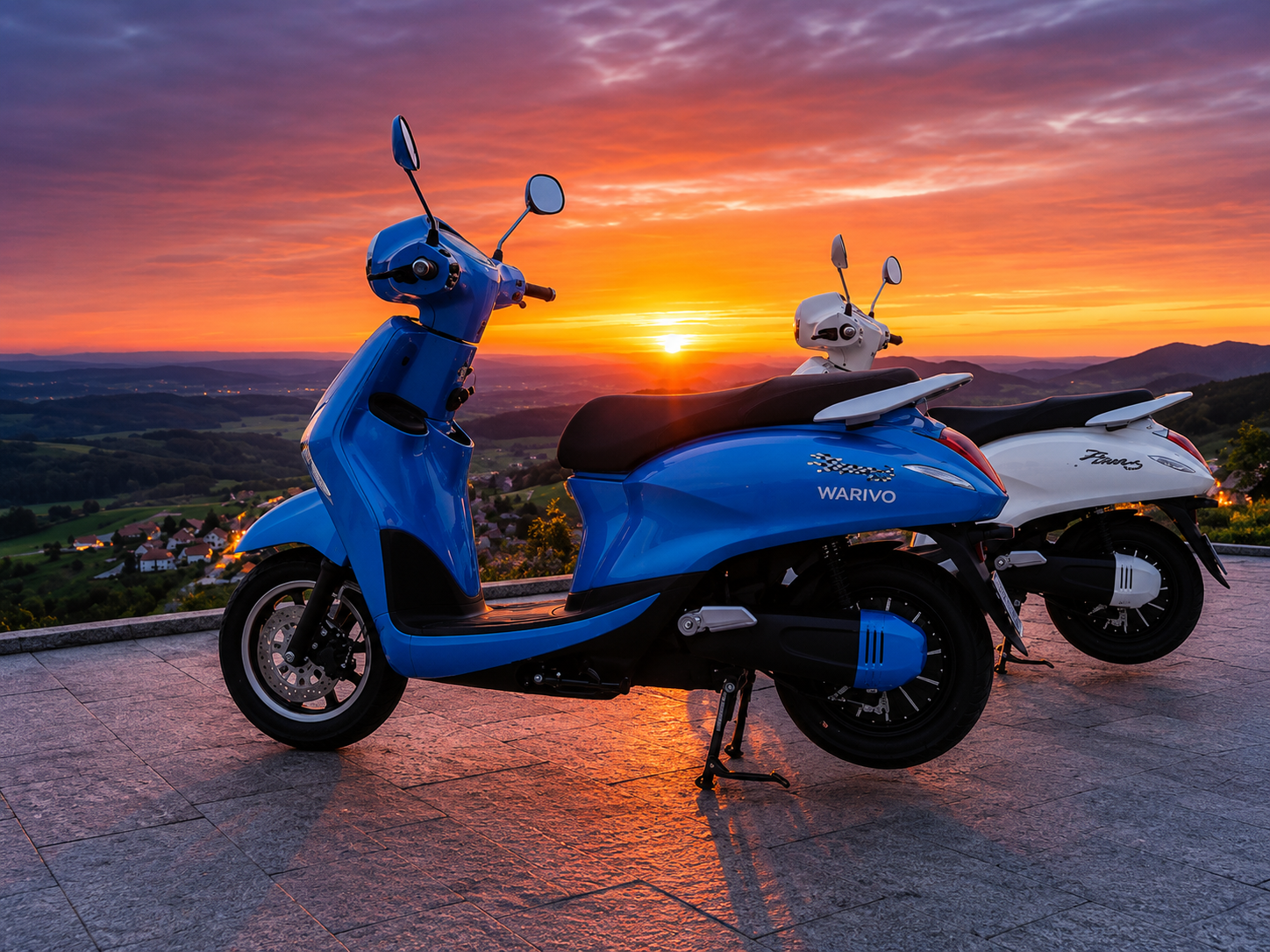 Blue Warivo scooter at sunset