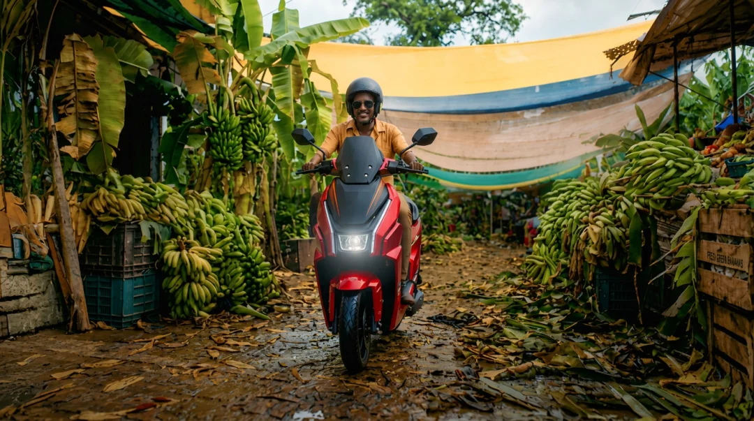 Rider on a red electric scooter in a banana market lane