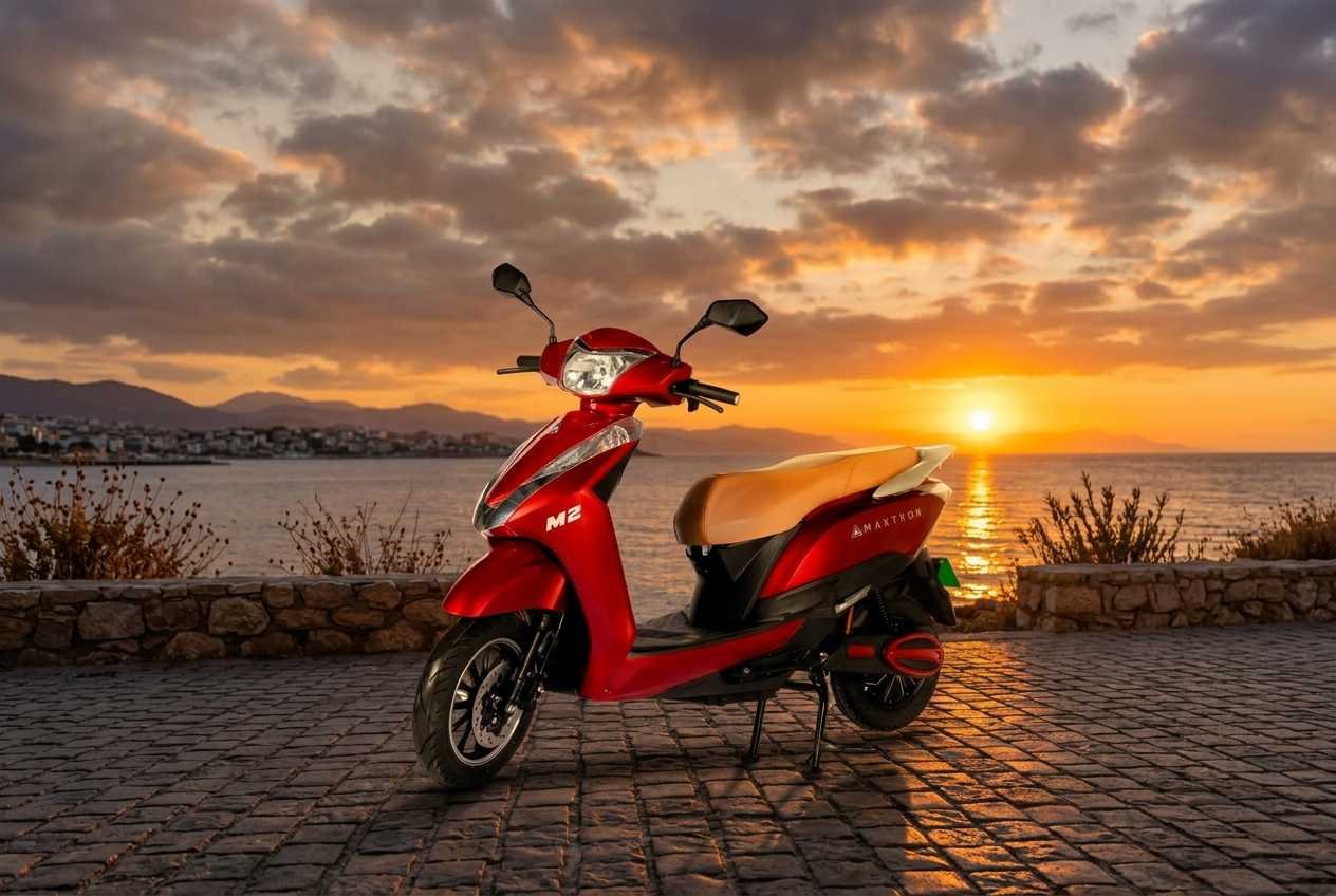 Red Maxtron M2 scooter at sunset by the sea